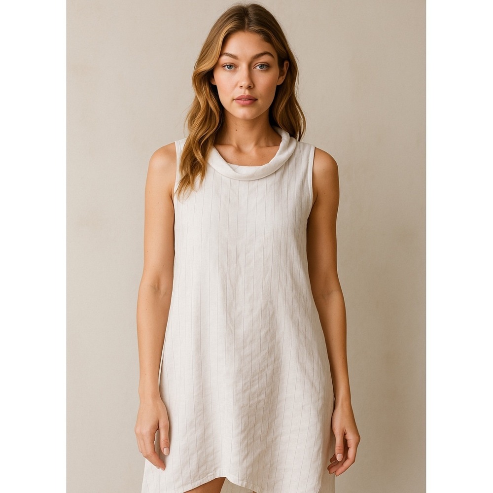 Chalet et Ceci White 100% Linen Coastal Cowlgirl Neck Tunic Dress Made in USA